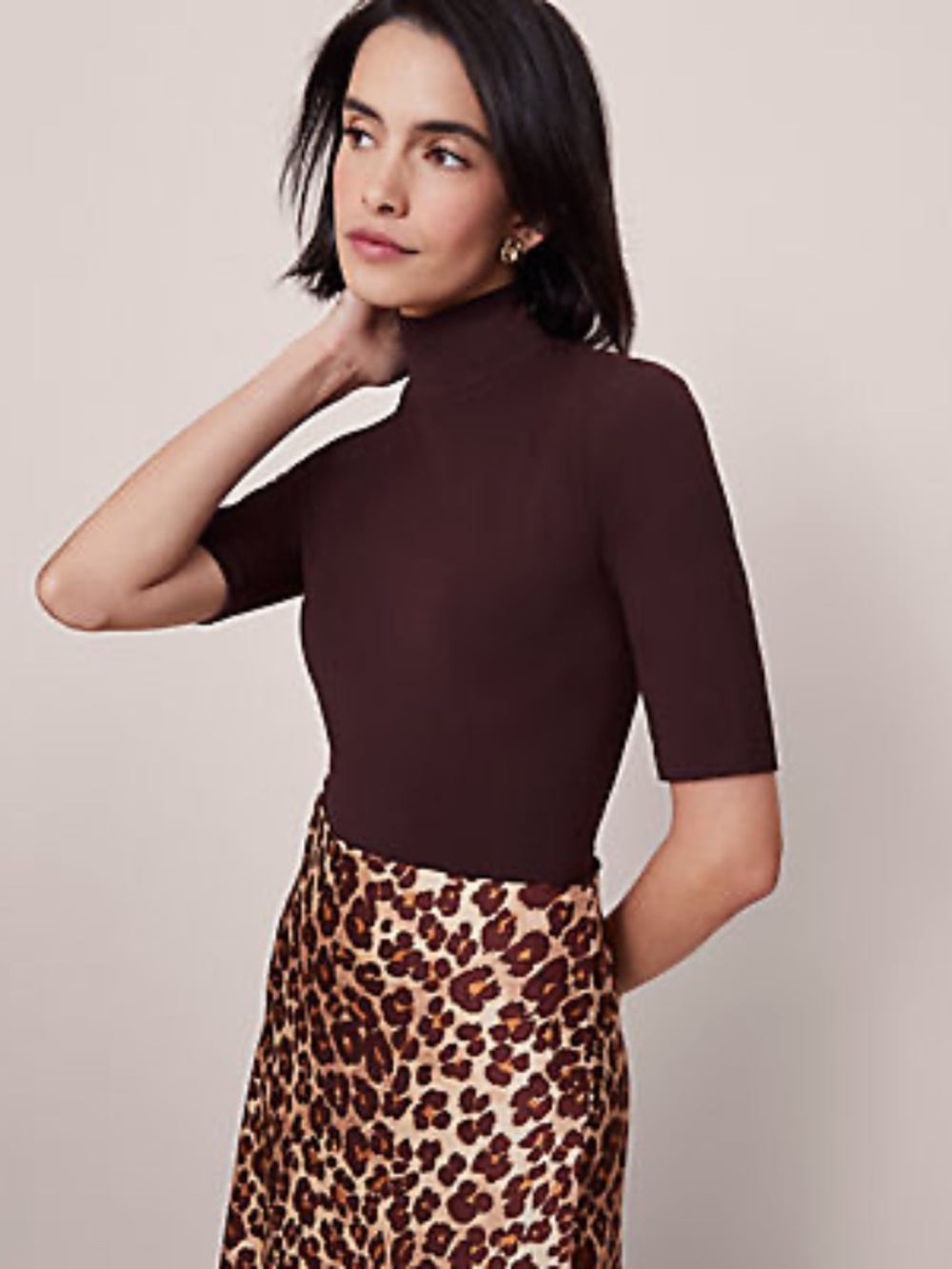 NWOT Ann Taylor Mock Neck Elbow Sleeve Top in Plum Rose (XS)